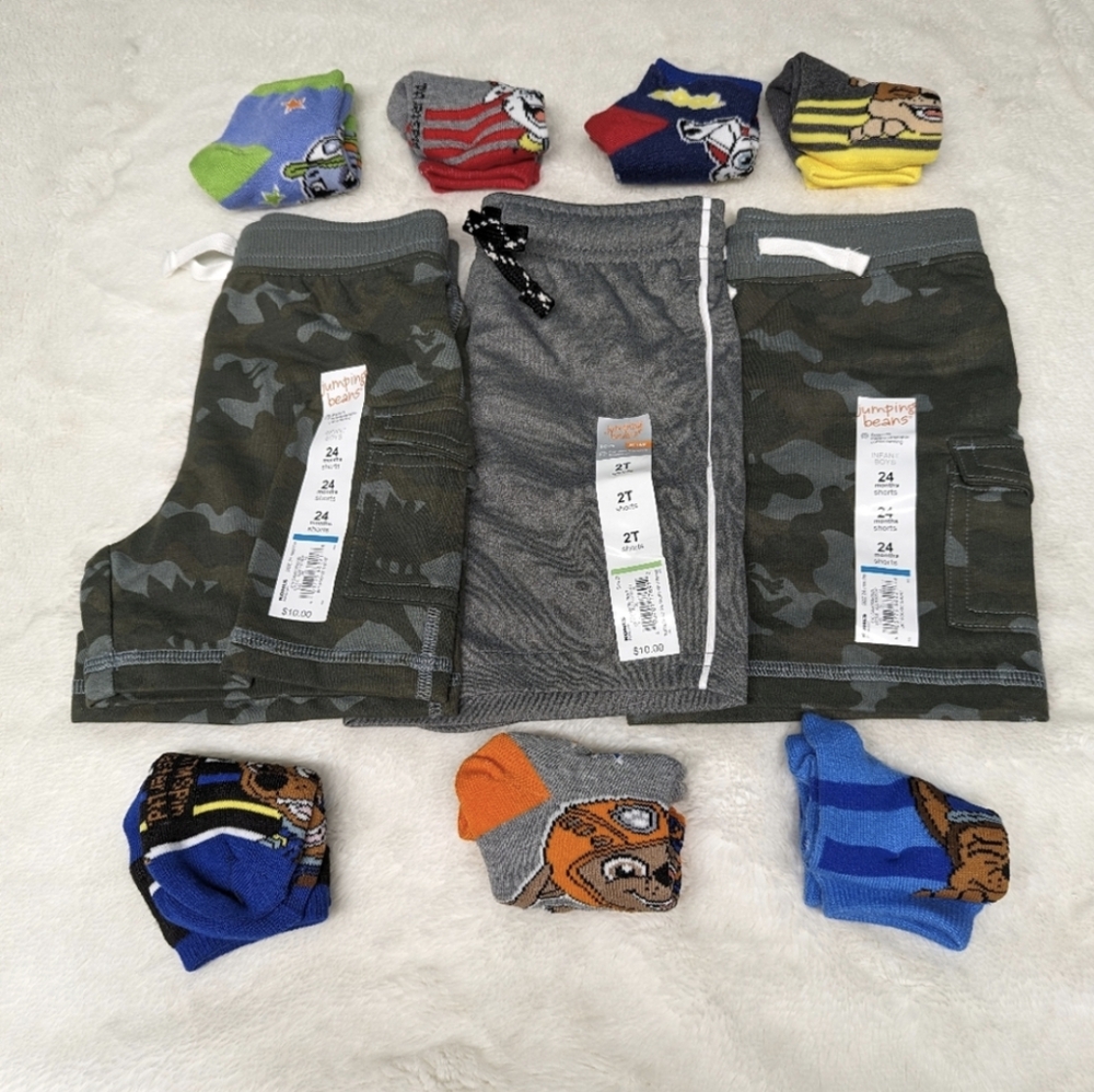 Jumping Bean & Paw Patrol 2T Bundle 3 shorts & 7 socks gift  camo cartoon charac
